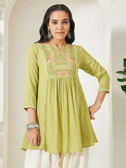 Janasya Lime Green A-Line Rayon Tunic - Dista