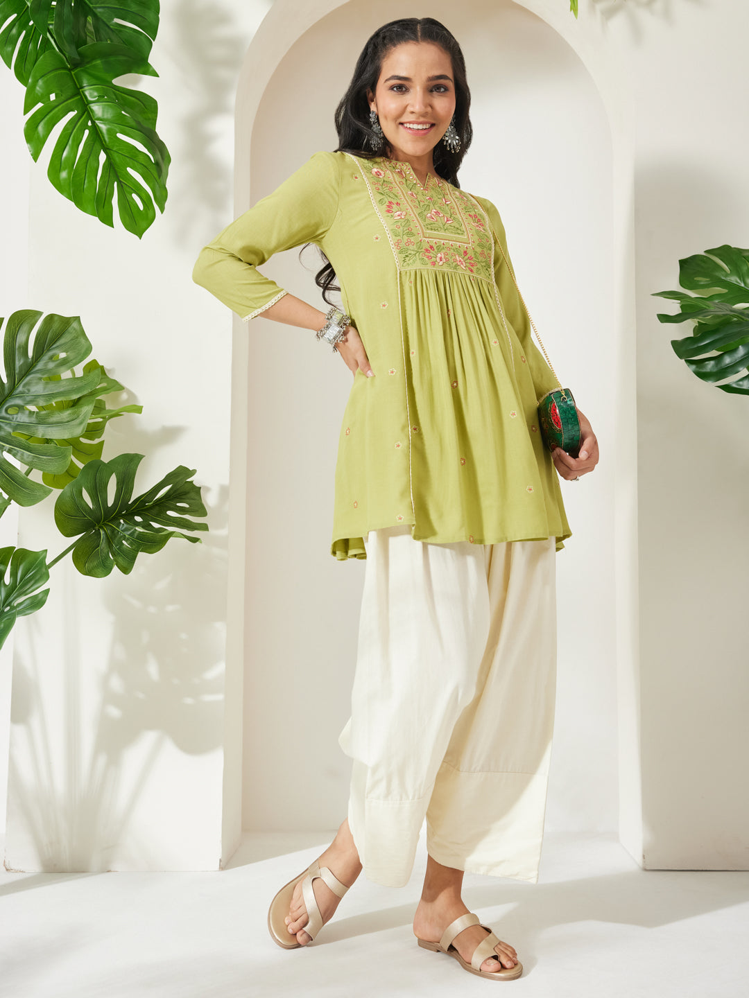 Janasya Lime Green A-Line Rayon Tunic - Dista