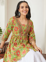 Thumbnail for Janasya Lime Green A-Line Cotton Tunic - Dista