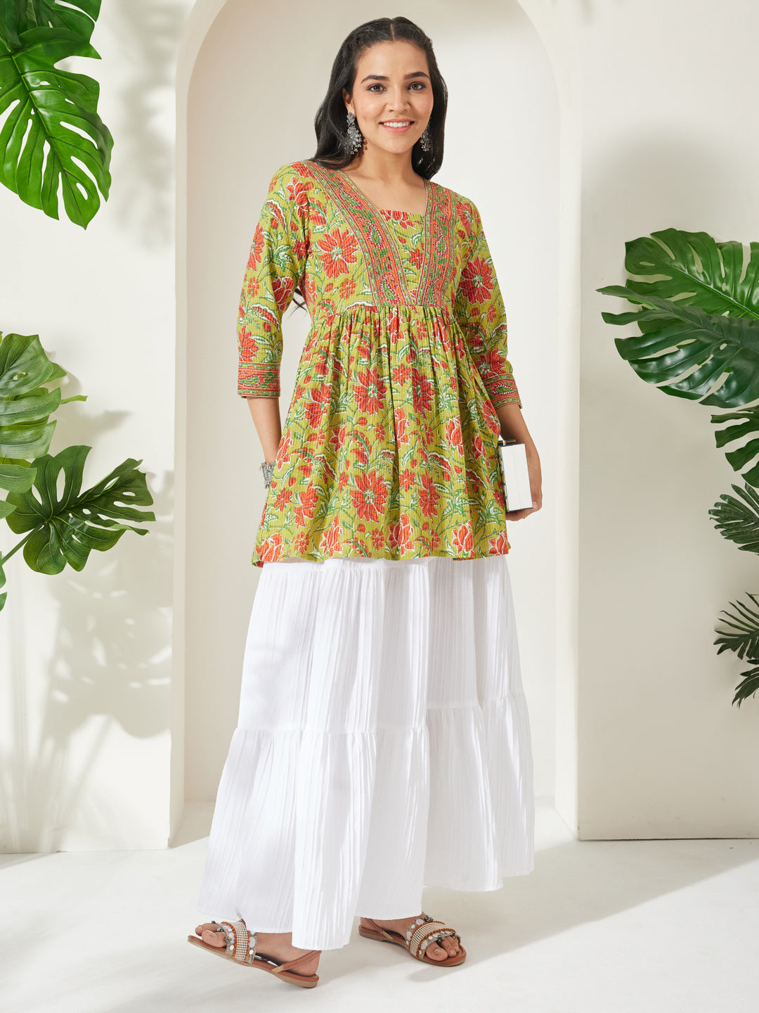 Janasya Lime Green A-Line Cotton Tunic - Dista