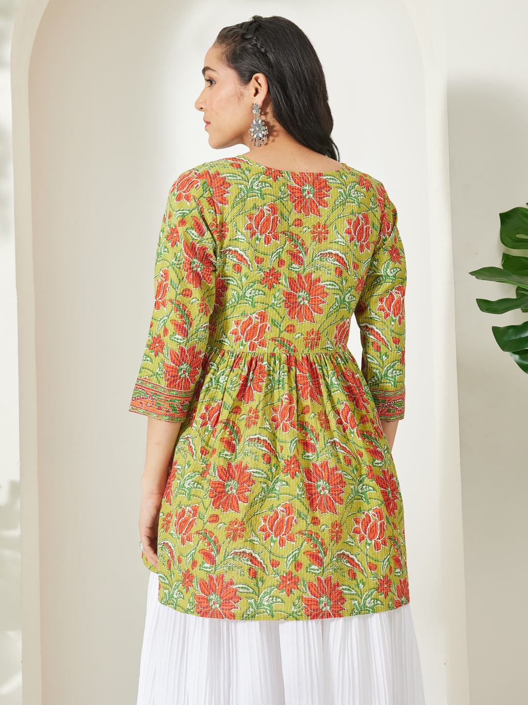 Janasya Lime Green A-Line Cotton Tunic - Dista