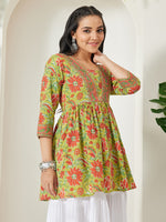 Thumbnail for Janasya Lime Green A-Line Cotton Tunic - Dista