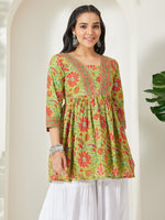 Thumbnail for Janasya Lime Green A-Line Cotton Tunic - Dista
