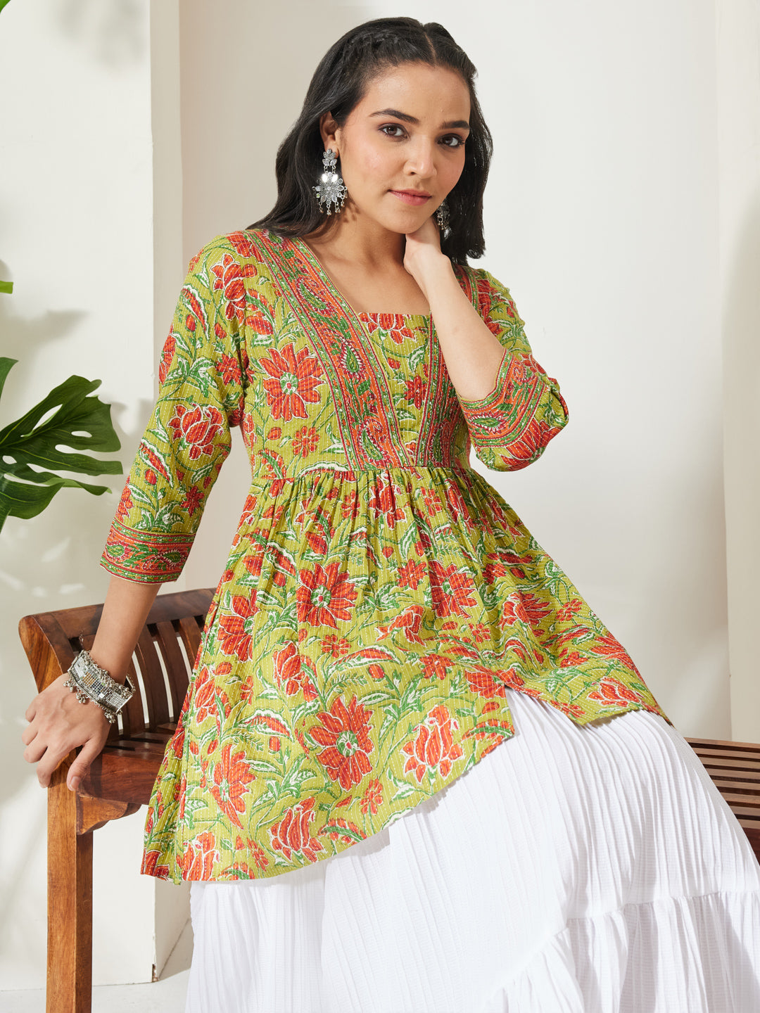 Janasya Lime Green A-Line Cotton Tunic - Dista