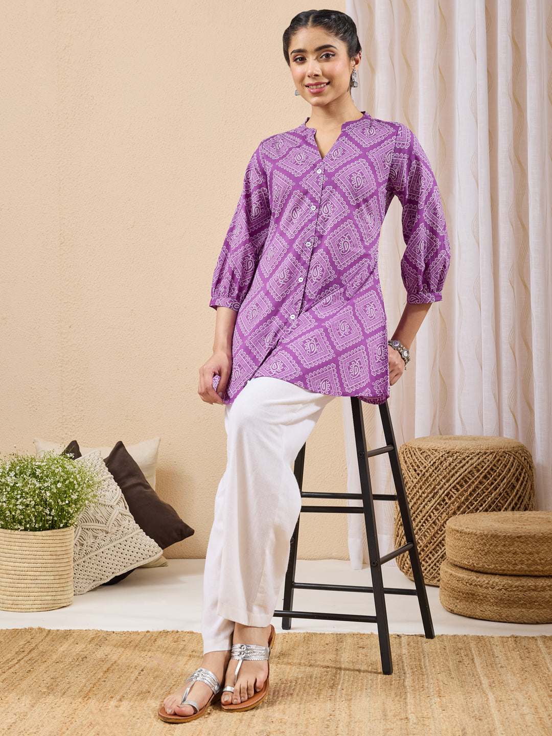 Janasya Purple A-Line Cotton Tunic - Dista