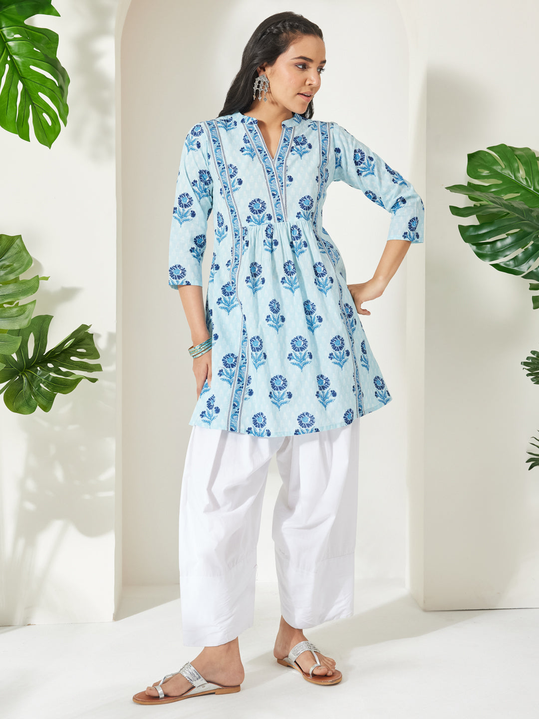 Janasya Light Blue A-Line Cotton Tunic - Dista