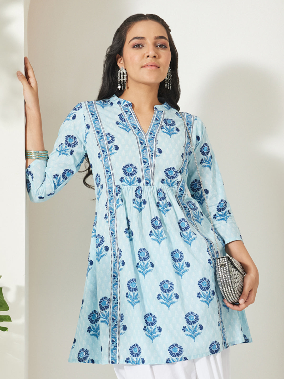 Janasya Light Blue A-Line Cotton Tunic - Dista