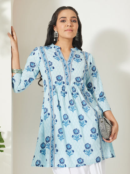 Janasya Light Blue A-Line Cotton Tunic - Dista