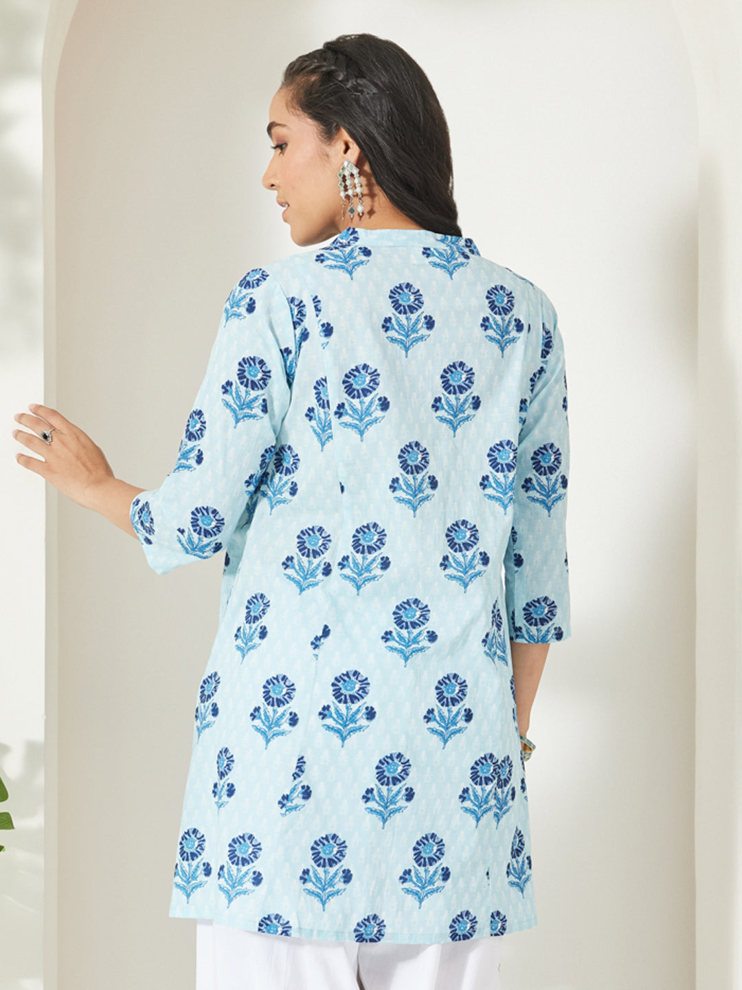 Janasya Light Blue A-Line Cotton Tunic - Dista