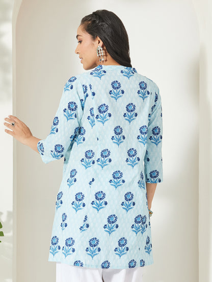 Janasya Light Blue A-Line Cotton Tunic - Dista