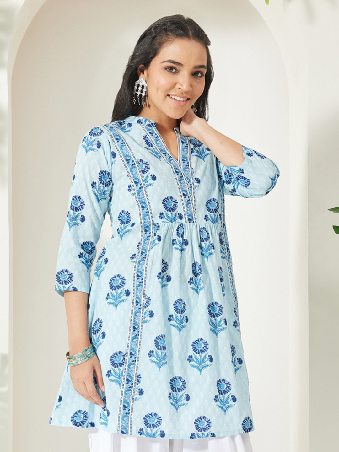 Janasya Light Blue A-Line Cotton Tunic - Dista