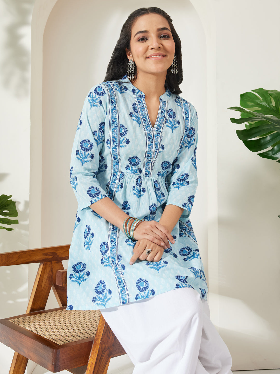 Janasya Light Blue A-Line Cotton Tunic - Dista