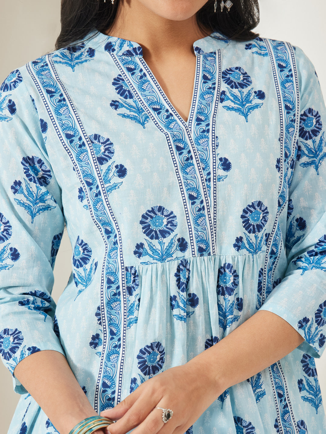 Janasya Light Blue A-Line Cotton Tunic - Dista