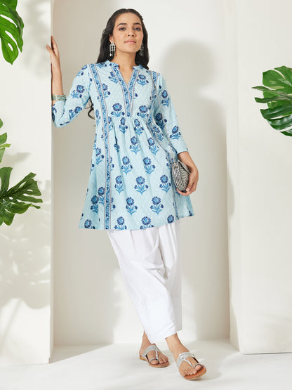 Janasya Light Blue A-Line Cotton Tunic - Dista