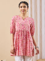 Thumbnail for Janasya Pink A-Line Cotton Tunic - Dista