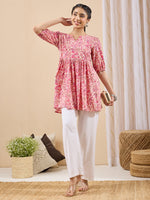 Thumbnail for Janasya Pink A-Line Cotton Tunic - Dista
