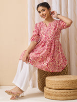 Thumbnail for Janasya Pink A-Line Cotton Tunic - Dista