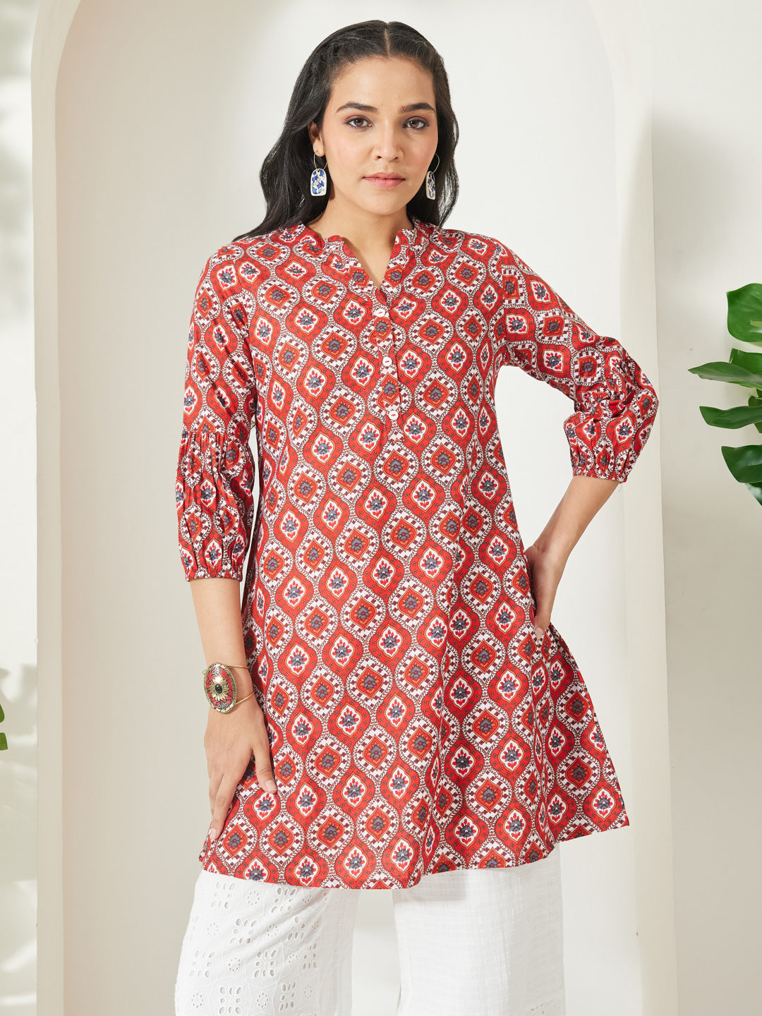 Janasya Red A-Line Cotton Tunic - Dista