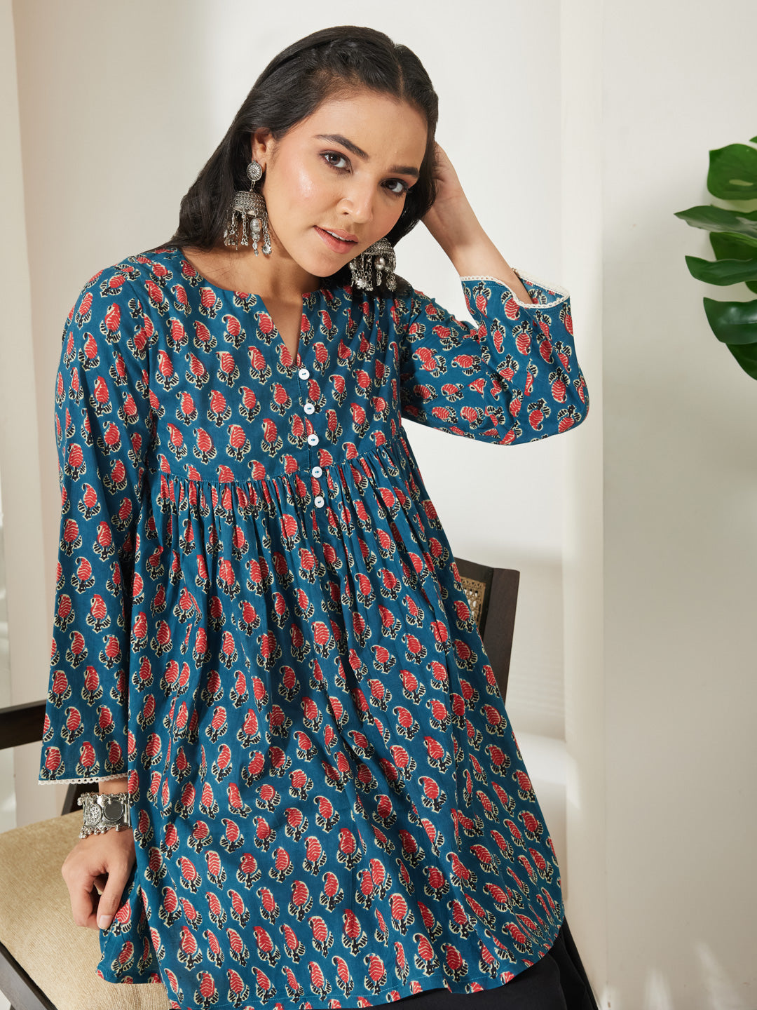 Janasya Teal A-Line Cotton Tunic - Dista