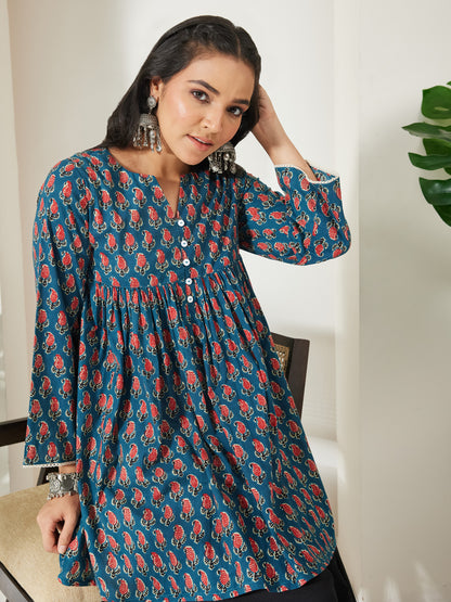 Janasya Teal A-Line Cotton Tunic - Dista