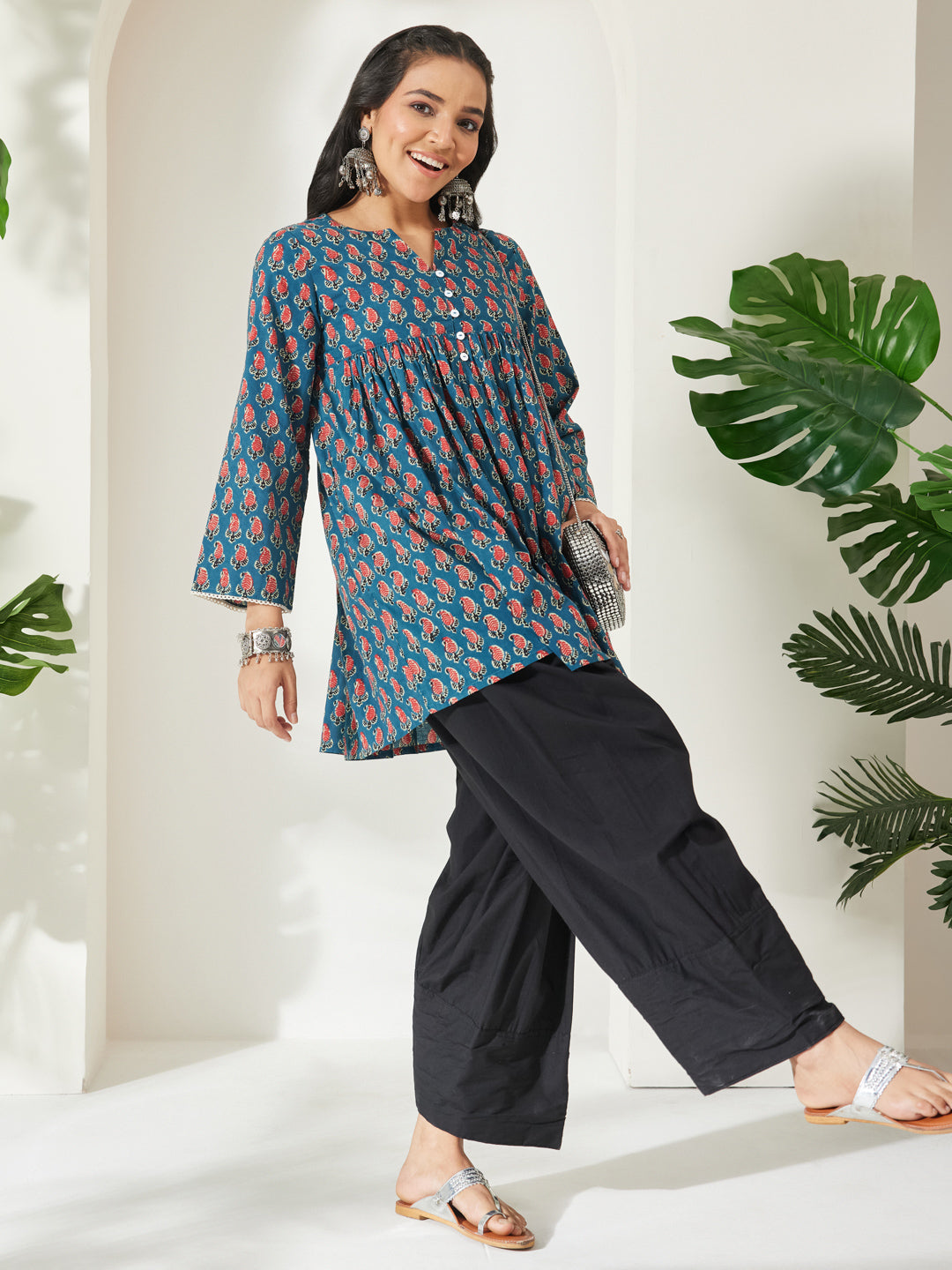 Janasya Teal A-Line Cotton Tunic - Dista