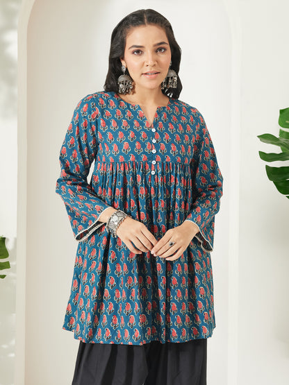 Janasya Teal A-Line Cotton Tunic - Dista