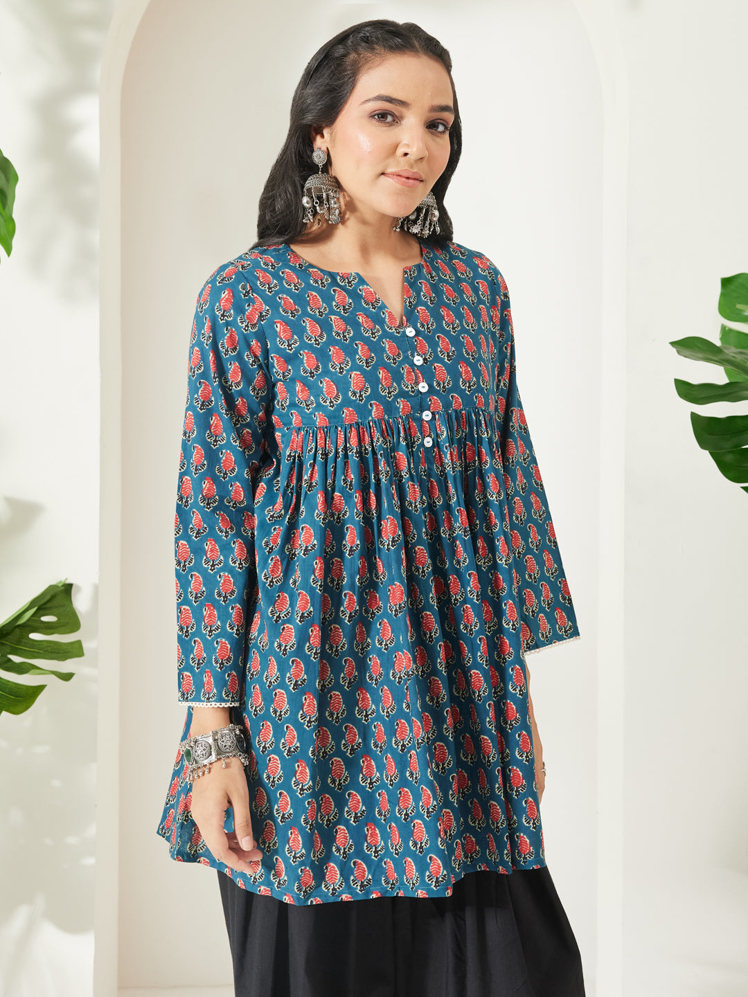 Janasya Teal A-Line Cotton Tunic - Dista