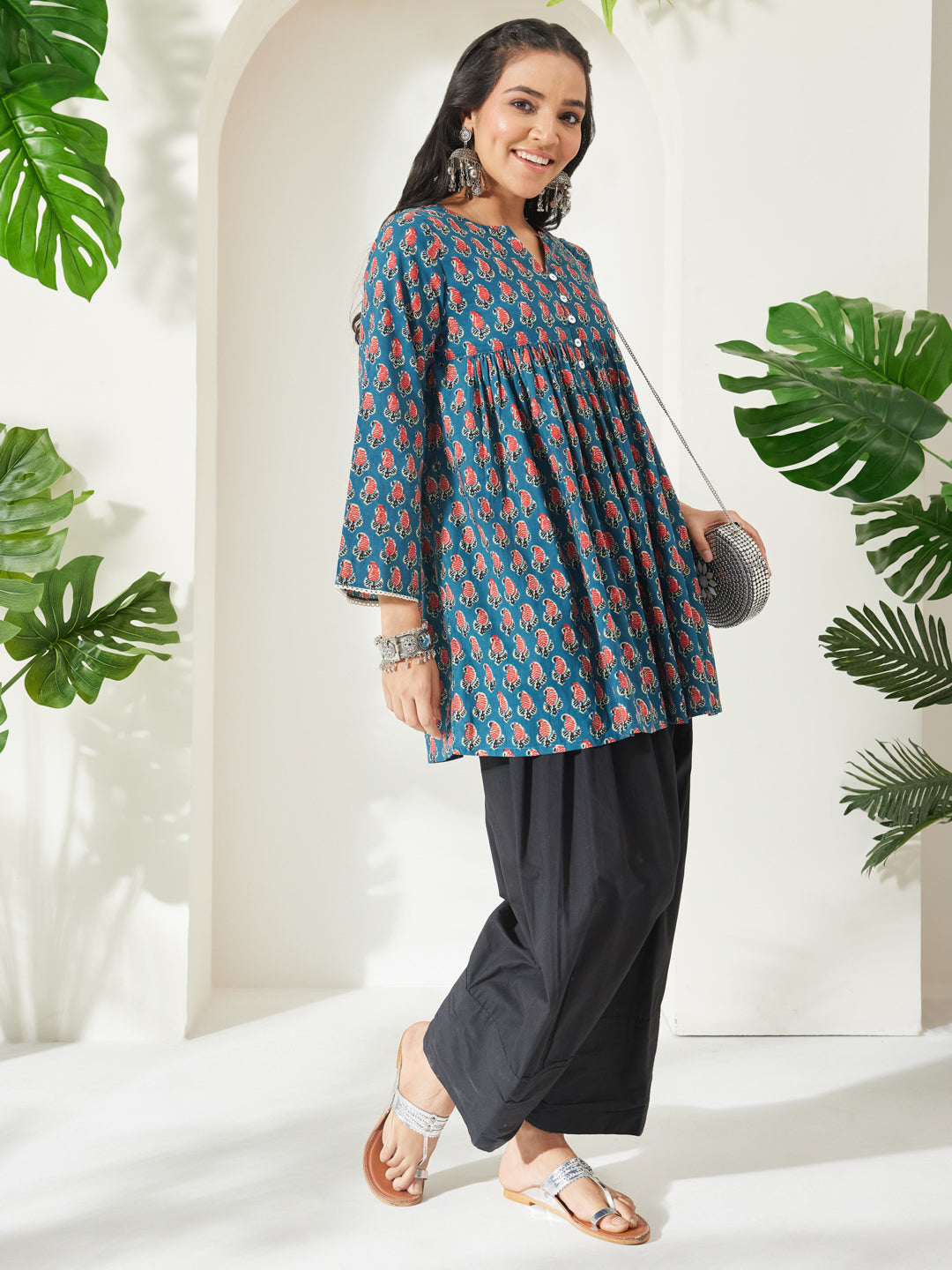 Janasya Teal A-Line Cotton Tunic - Dista