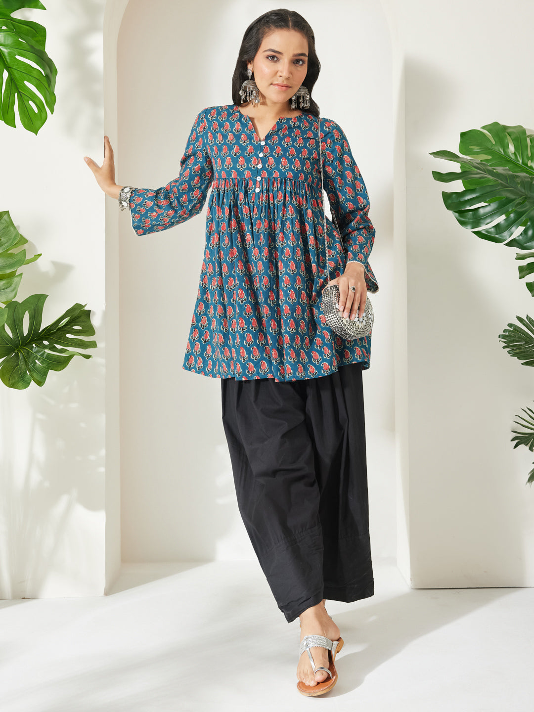 Janasya Teal A-Line Cotton Tunic - Dista