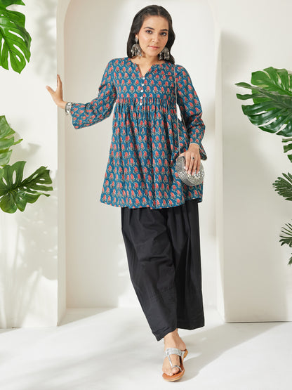Janasya Teal A-Line Cotton Tunic - Dista