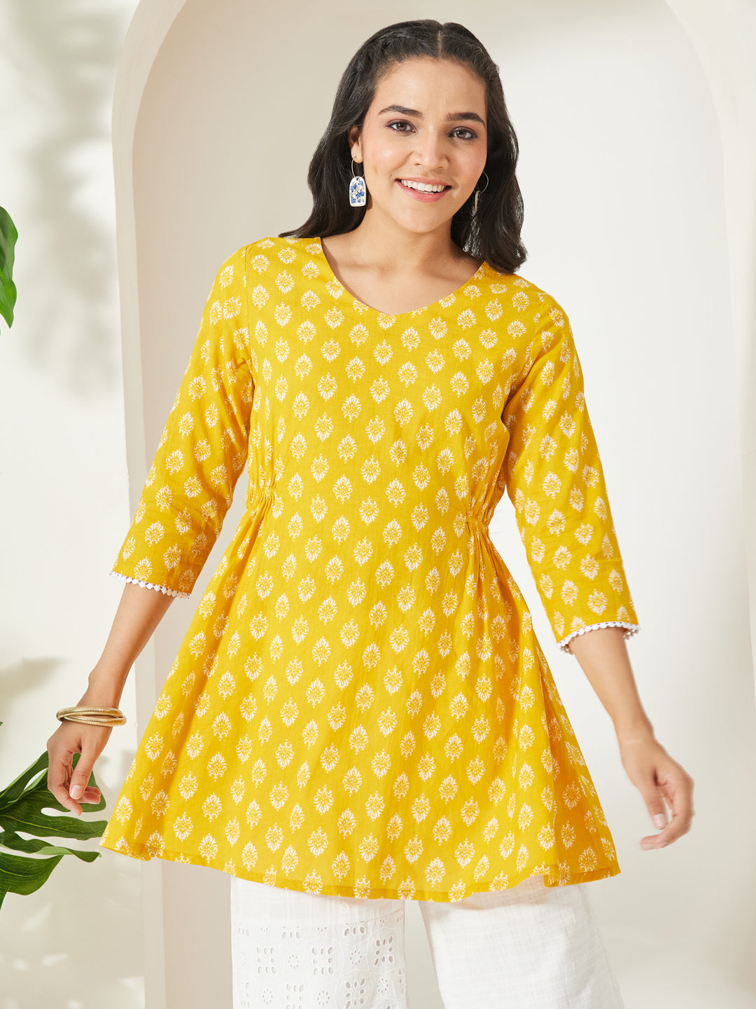 Janasya Yellow A-Line Cotton Tunic - Dista
