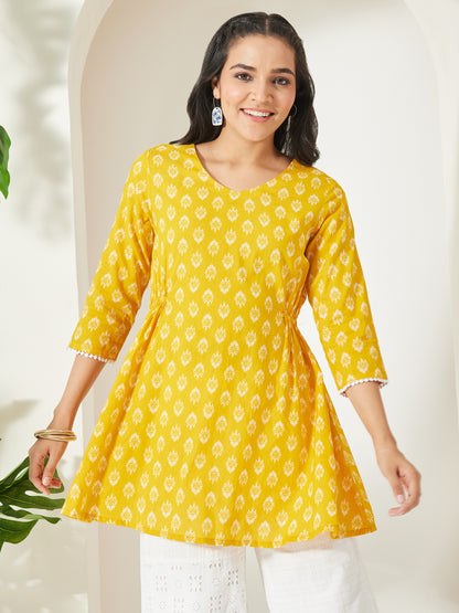 Janasya Yellow A-Line Cotton Tunic - Dista