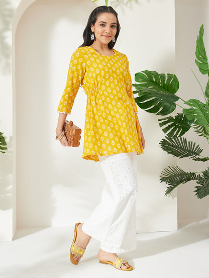 Janasya Yellow A-Line Cotton Tunic - Dista