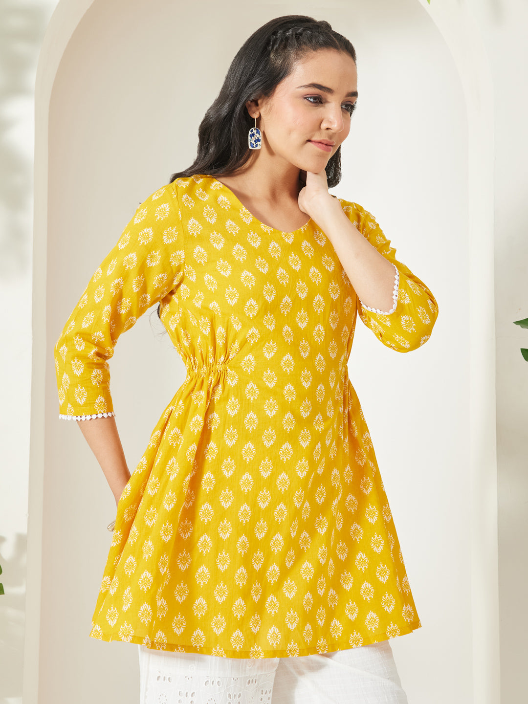 Janasya Yellow A-Line Cotton Tunic - Dista
