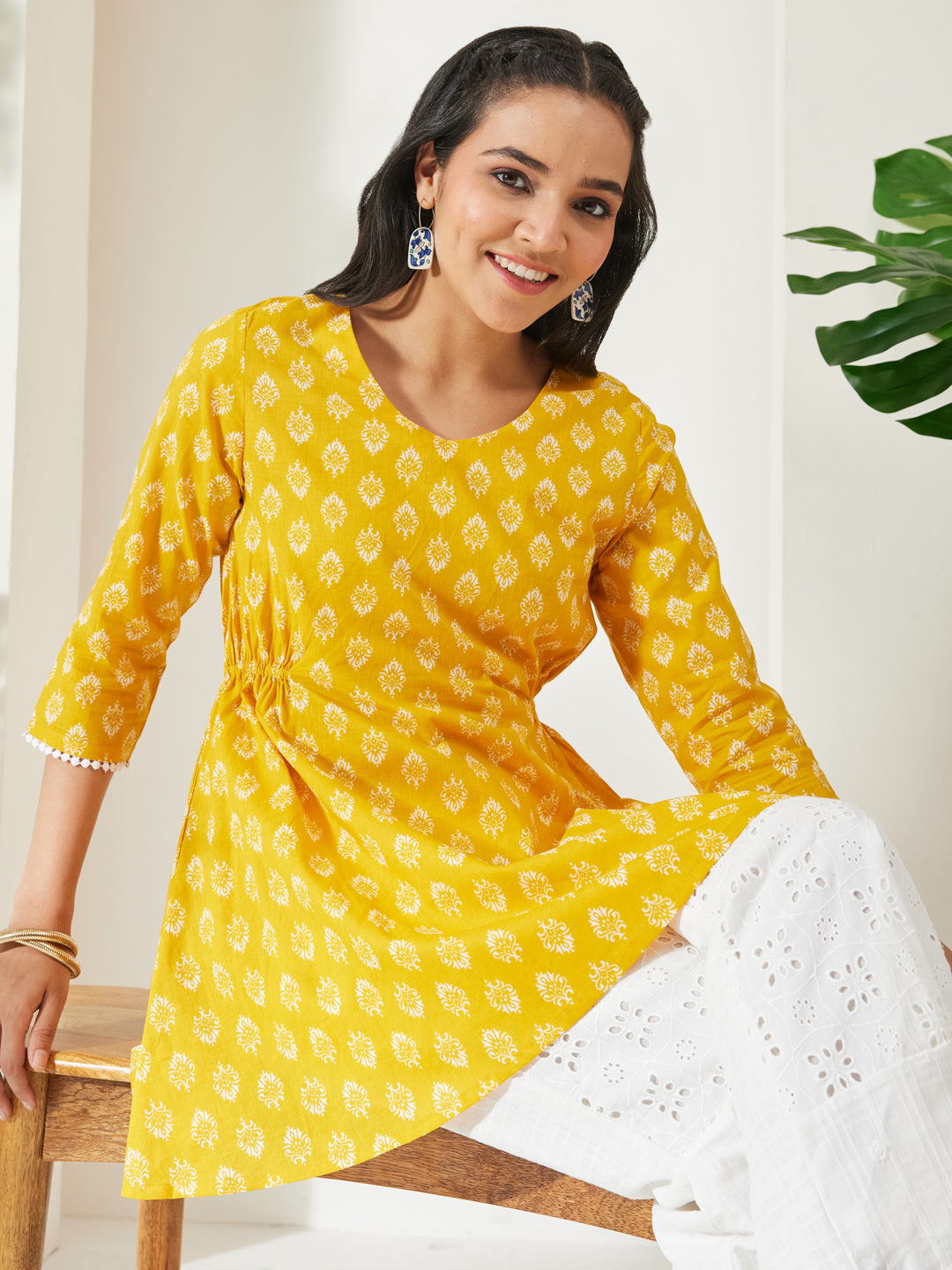 Janasya Yellow A-Line Cotton Tunic - Dista