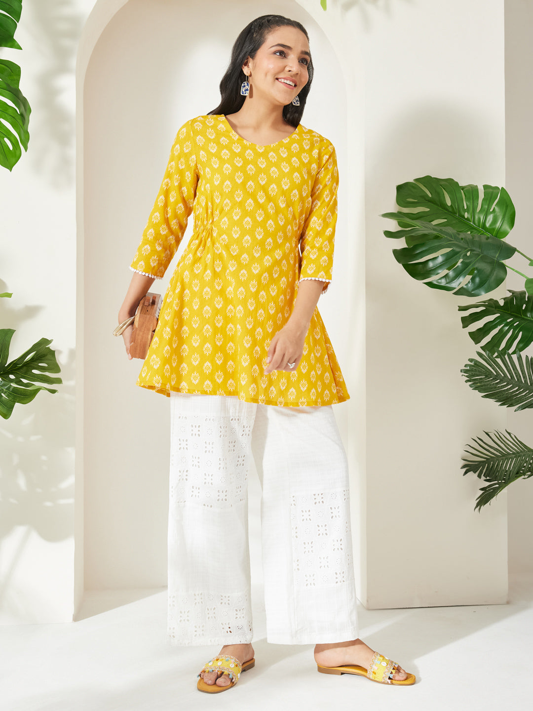 Janasya Yellow A-Line Cotton Tunic - Dista