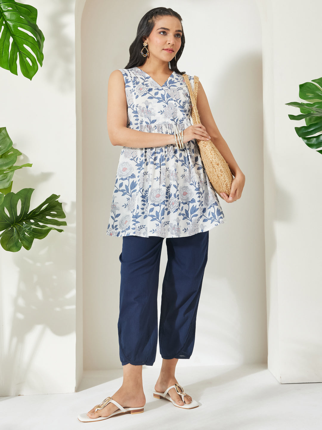 Janasya White A-Line Cotton Tunic - Dista