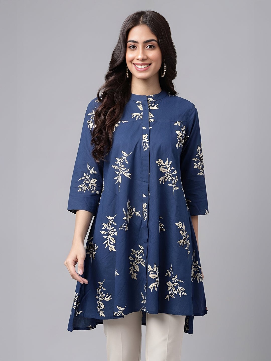 Janasya Navy Blue A-Line Cotton Tunic - Dista