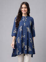 Thumbnail for Janasya Navy Blue A-Line Cotton Tunic - Dista
