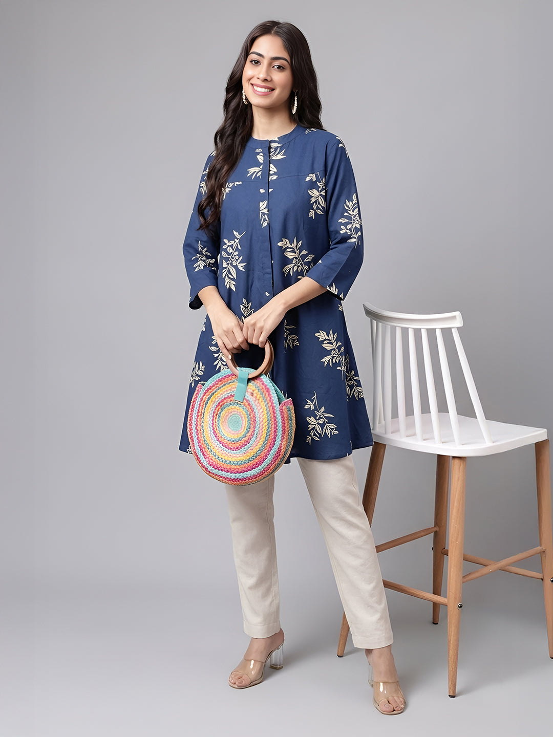 Janasya Navy Blue A-Line Cotton Tunic - Dista