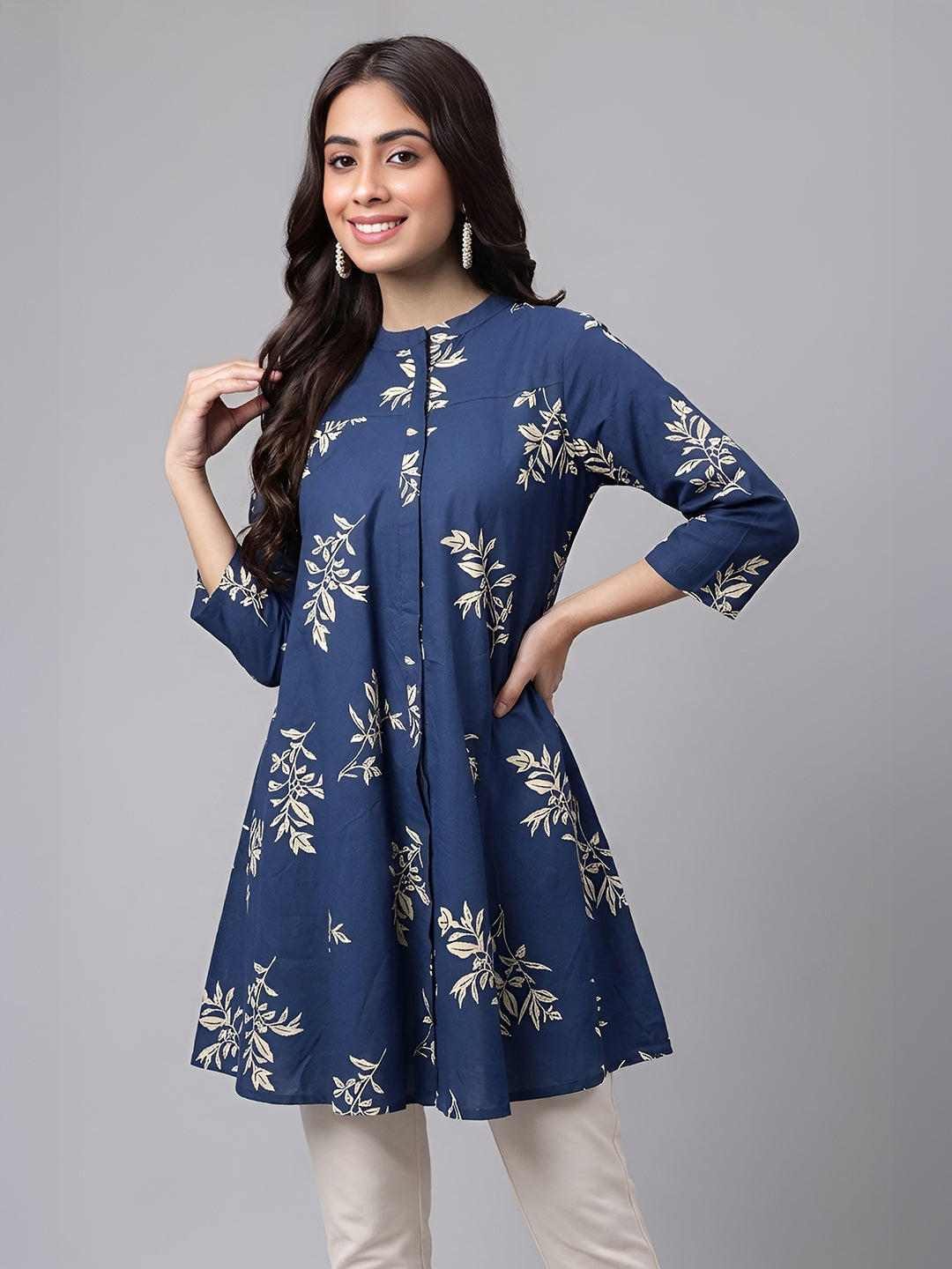 Janasya Navy Blue A-Line Cotton Tunic - Dista