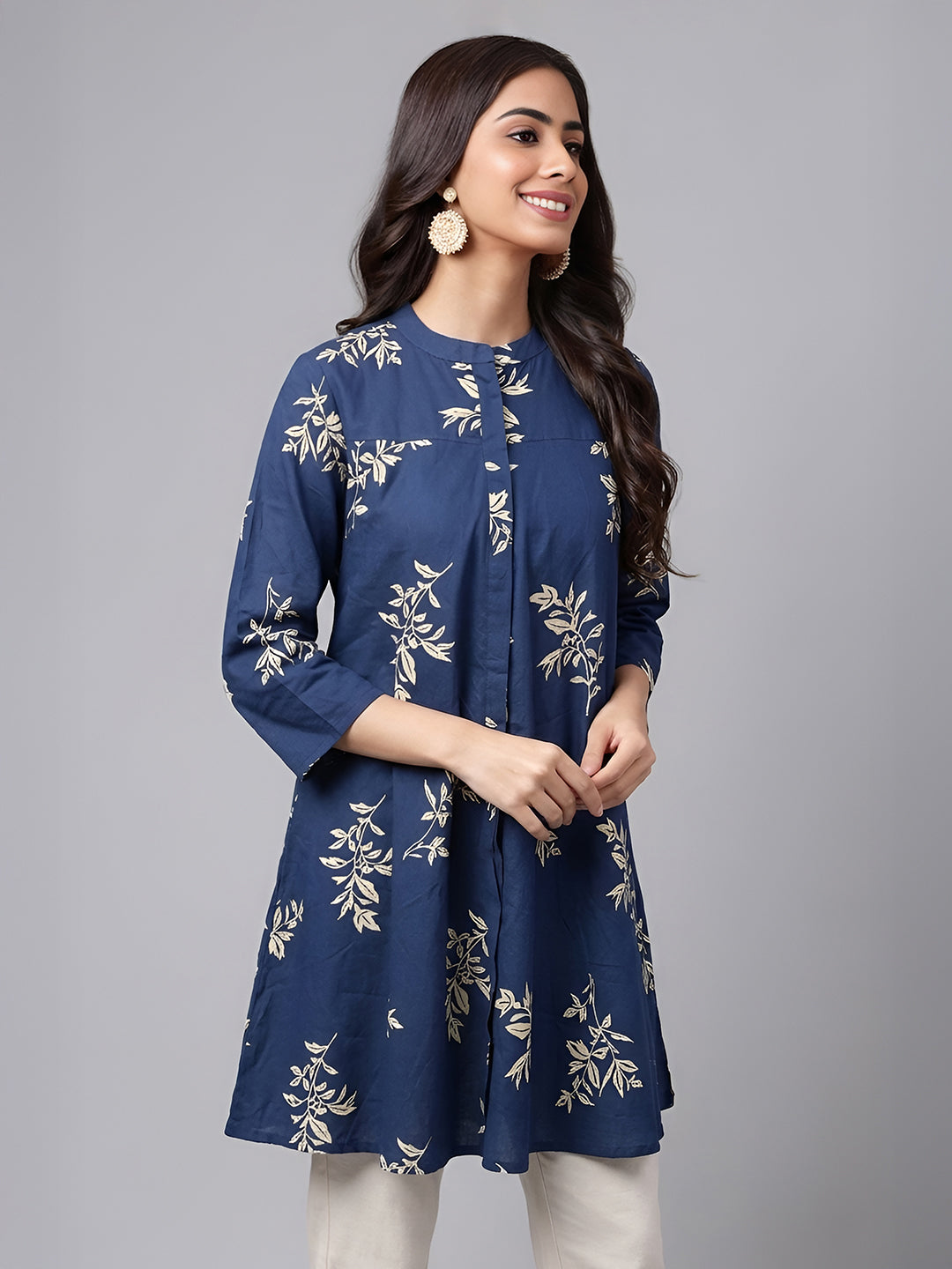Janasya Navy Blue A-Line Cotton Tunic - Dista