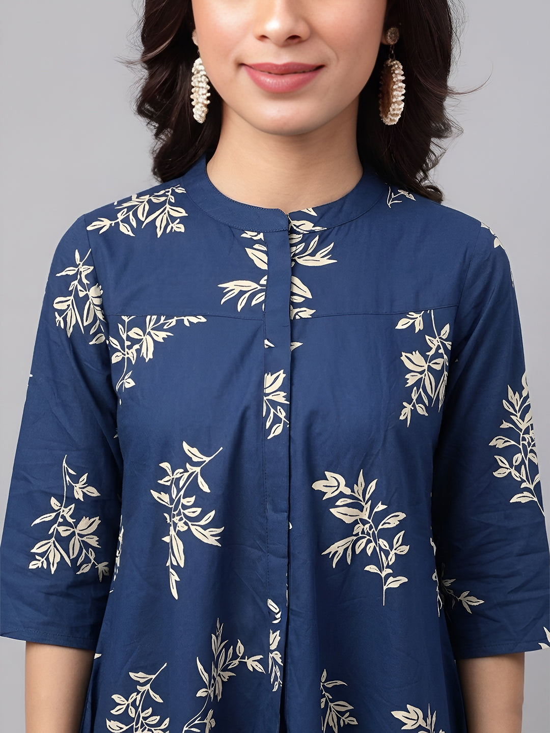 Janasya Navy Blue A-Line Cotton Tunic - Dista