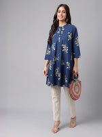 Thumbnail for Janasya Navy Blue A-Line Cotton Tunic - Dista