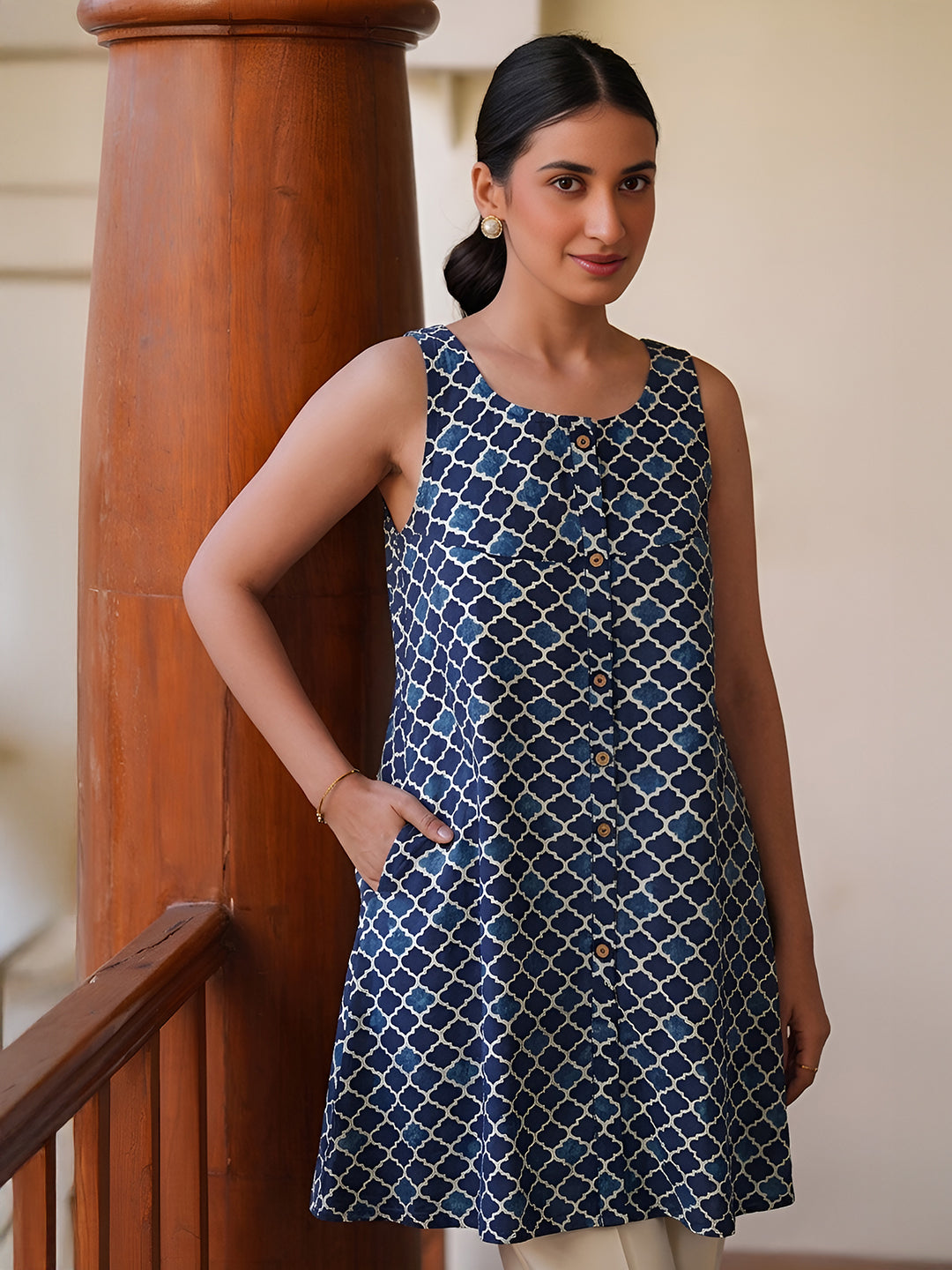 Janasya Blue A-Line Cotton Tunic - Dista