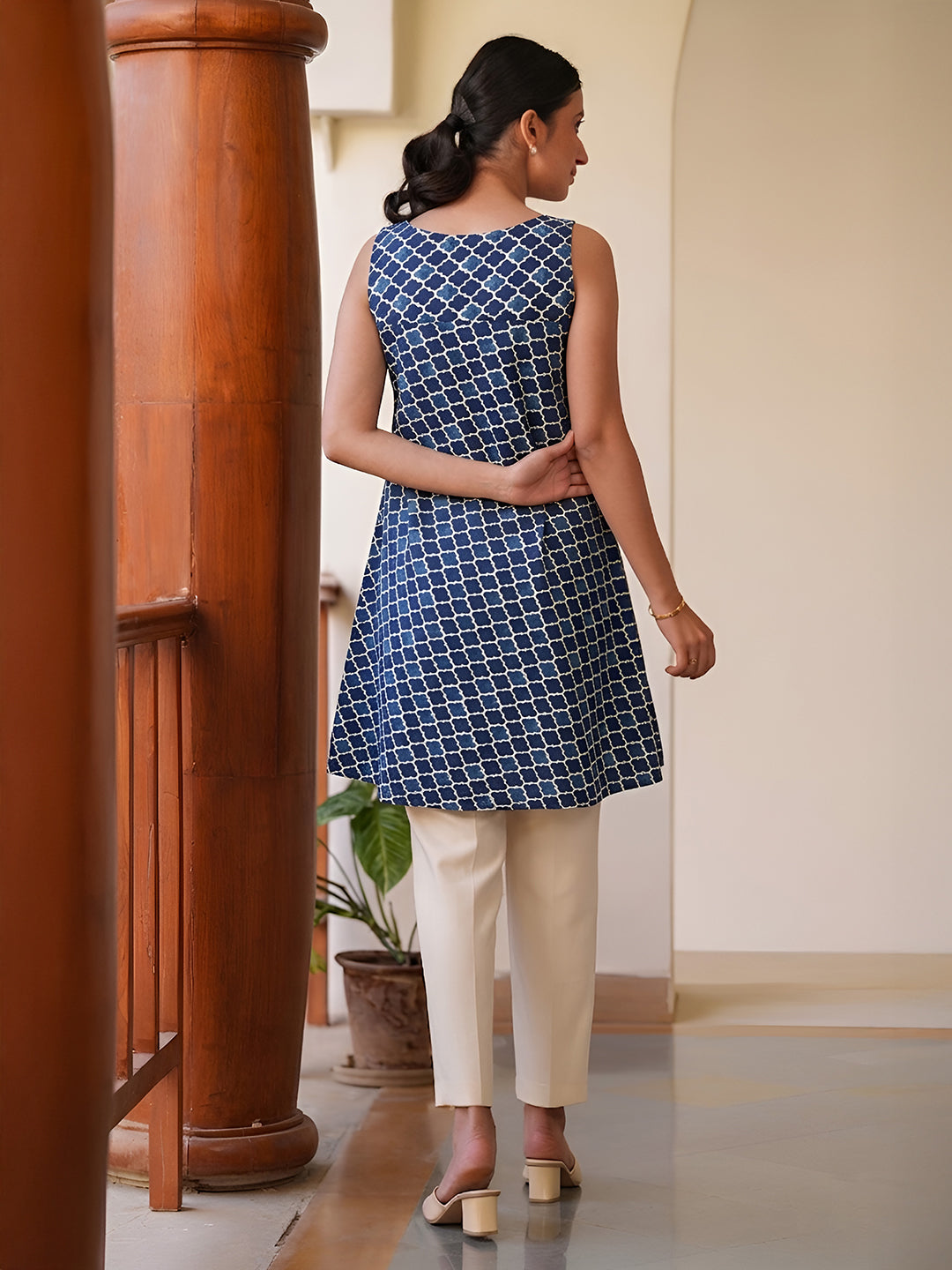 Janasya Blue A-Line Cotton Tunic - Dista