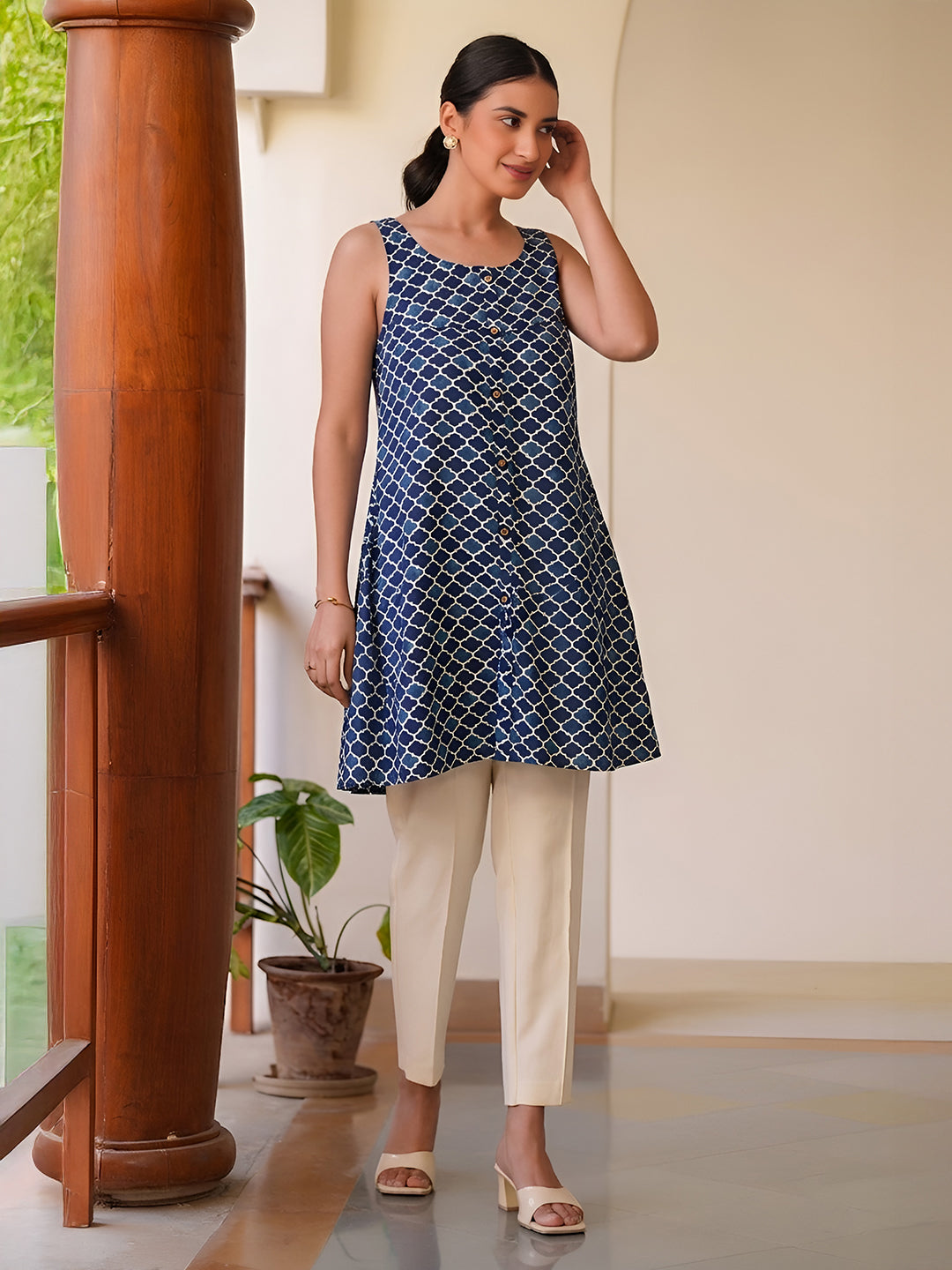 Janasya Blue A-Line Cotton Tunic - Dista