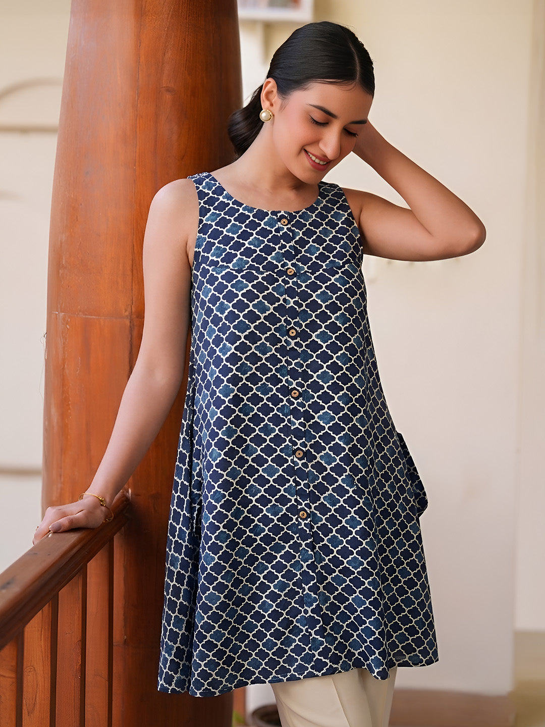 Janasya Blue A-Line Cotton Tunic - Dista