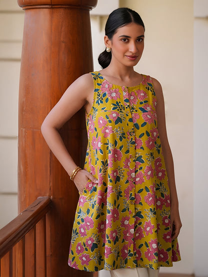 Janasya Yellow A-Line Cotton Tunic - Dista