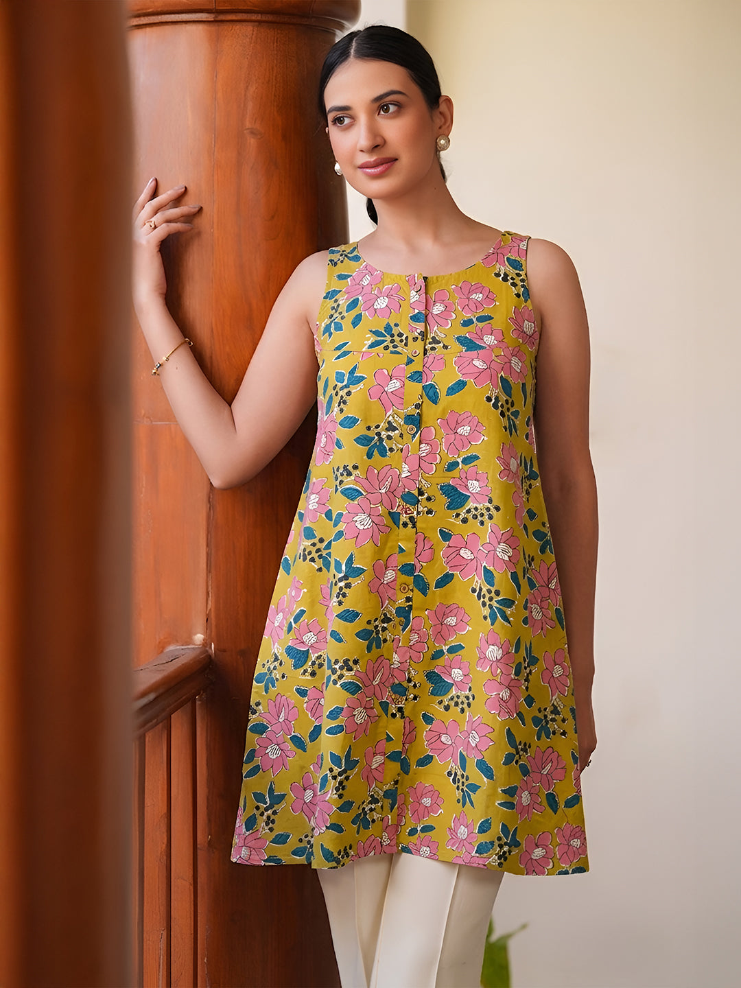 Janasya Yellow A-Line Cotton Tunic - Dista